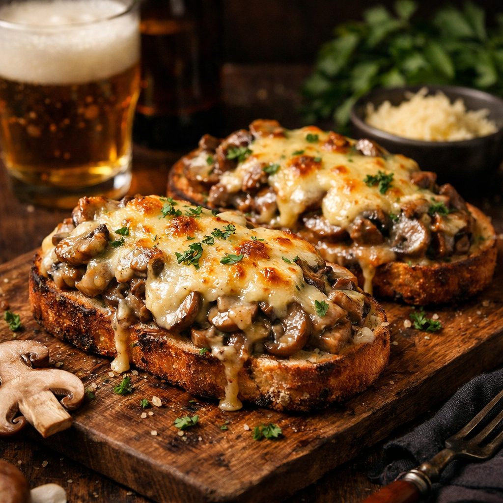 Tartines de champignons à la bière & fromage gratiné