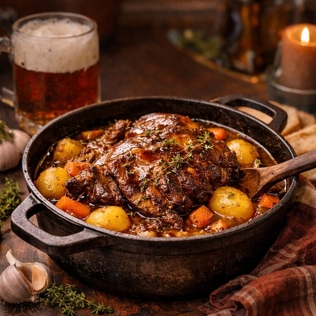 Agneau mijoté  à la bière, miel et thym
