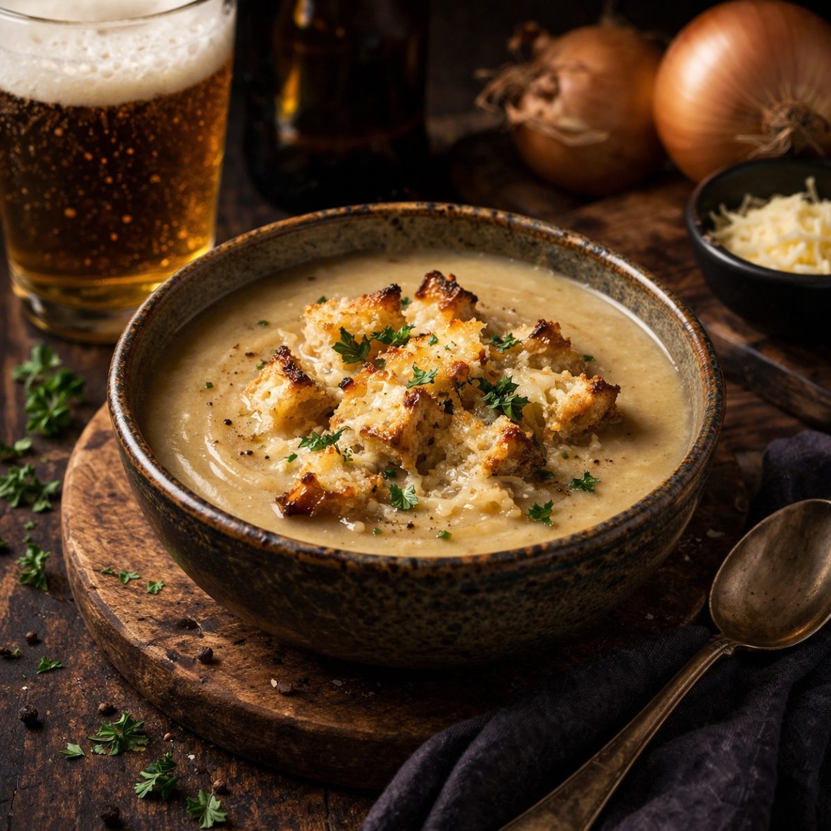 Soupe à l'oignon à la bière et croûtons