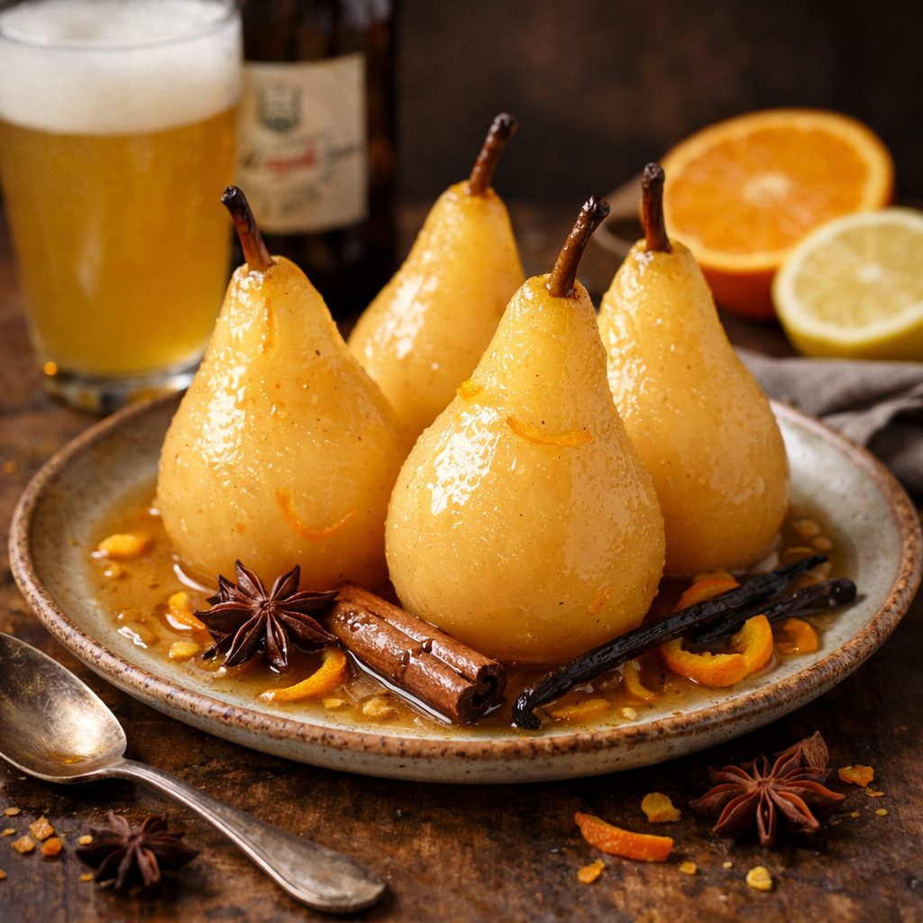 Poires pochées à la bière blanche